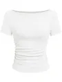 Elegante witte T-shirt met boothals, nauwsluitende pasvorm en zijdelingse rimpeling detail - S / Tops / T-Shirts / Wit