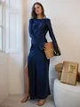 Elegant navy blue satin maxi dress with high slit and long bell sleeves for party - S / Dresses / Blue