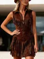 Vintage western style brown suede sleeveless mini dress with fringe and zipper details - S / Dresses / Dark Brown