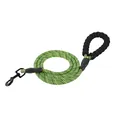 Detailed view of neon green and black braided dog leash with foam handle and metal hook - 8mm*120cm / Green Stripes