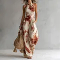 Elegant sleeveless halter neck wide-leg jumpsuit with brown tie-dye print for summer - S / Amber
