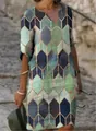 Vibrant geometric diamond print detail on a V-neck mid-sleeve vintage dress - S / Dresses / Teal Geometric Print
