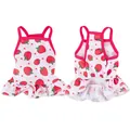 Detailed front and back view of a white pet dress with red strawberry patterns. - XS / Strawberry