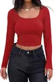 Dettaglio ravvicinato di crop top rosso a coste con scollo quadrato e maniche lunghe - Rosso