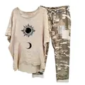 Women's casual two-piece clothing set with sun moon print top and camo pants. - 3XL / Top And Bottom / Apricot (Element 1)