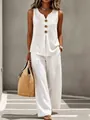 Elegant white linen sleeveless top and wide-leg trousers set featuring button details - S / Top And Bottom / White