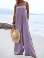 Elegante mono boho violeta sin mangas de pierna ancha para mujer en playa de verano - S / Conjuntos / Púrpura