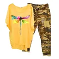 Stylish casual two-piece outfit featuring yellow dragonfly print tee and camo joggers - 3XL / Top And Bottom / Yellow (Element 50)