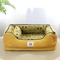 Yellow corduroy pet bed sofa with removable patterned cushion for cats and dogs - One Size 50x40x20cm / Curry Yellow