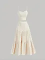 Elegante conjunto de dos piezas crema con top de tirantes y falda evasé escalonada. - S / Top Y Pantalón / Blanco Roto