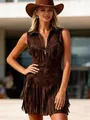 Robe vintage en daim marron de style western avec franges et coupe ajustée élégante - S / Robes / Châtain