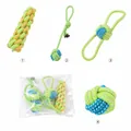 Durable braided cotton rope dog chew toy set in vibrant green blue and yellow colors - Corn + Single Ball + Double Ear Ball + Hand Toss Ball / Four-Piece Set