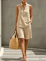 Elegant linen-style two-piece set with sleeveless button top and shorts - S / Top And Bottom / Khaki