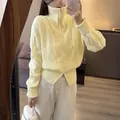 Chaqueta de punto trenzada amarilla pálida con doble cremallera y cuello alto mujer - Talla única / Tops / Amarillo