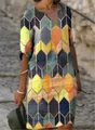 Detail view of colorful geometric diamond pattern on V-neck vintage dress - S / Dresses / Yellow and Blue Geometric Print (Pattern 8)