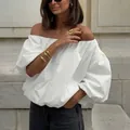 Elegante witte off-shoulder katoenen blouse met pofmouwen stijlvolle zomerlook - S / Tops / Wit
