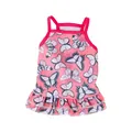 Close-up detail of a pink pet dress featuring a butterfly print and ruffle hem for dogs - XS / Dresses / Butterfly