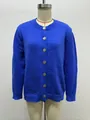 Royal blue long-sleeved knit cardigan sweater with elegant decorative gold buttons - S / Tops / Blue