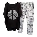 Comfortable women's two-piece leisure set with peace sign print tee and camo pants - 3XL / Top And Bottom / Black (Element 44)
