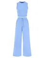 Light blue 2-piece knit lounge set with sleeveless tank top and wide-leg drawstring pants. - S / Top And Bottom / Sky Blue