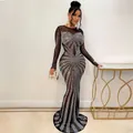 Detailed view of sexy black floor-length dress with sparkling silver rhinestone patterns. - S / Dresses / Black