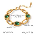 Detail view of gold-colored titanium steel bracelet with square green zircons - Geometric Square Green Zirconia Bracelet (HC-B20674)