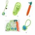 4-piece durable braided cotton rope dog chew toy set for puppies, green and orange colors - Slipper + Carrot + Single Ear Ball + Hand Toss Ball / Four-Piece Set