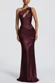 Detail of burgundy satin one-shoulder dress with cutouts and elegant waist pleats. - S / Dress (8247) / Burgundy