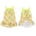 Front and back detail of a yellow pet dress with vibrant lemon pattern and ruffles. - XS / Dresses / Lemon
