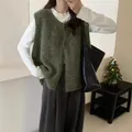 Gilet in maglia verde retrò da donna, maglione senza maniche scollo a V morbido - Taglia Unica [40-60kg] / Top / Verde oliva