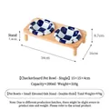 Double checkered ceramic pet bowls set with elevated oak wooden stand for cats and dogs - Bowl + Double Stand (Parallel) / Blue