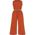 Women's two-piece rust orange knit set featuring sleeveless crop top and wide-leg trousers. - S / Top And Bottom / Orange Red