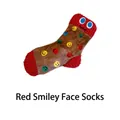 Detail of a plush dog toy in the shape of a red and brown smiley sock - Socks Design / Red Smiley