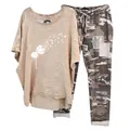 Two-piece casual set featuring a dandelion print top and camouflage patch pants - 3XL / Top And Bottom / Apricot (Element 46)