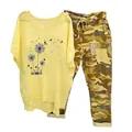 Women's two-piece casual set featuring yellow dandelion print T-shirt and camo pants. - 3XL / Top And Bottom / Yellow (Element 2)
