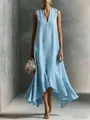 Vestido largo azul claro sin mangas con cuello en V y elegante dobladillo irregular - S / Azul cielo