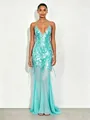 Elegant turquoise V-neck sequined mermaid evening dress with a sexy backless design. - Cyan