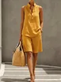 Casual ginger yellow sleeveless linen top and matching shorts two-piece set for women - S / Top And Bottom / Yellow