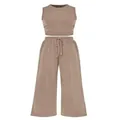 Women's 2-piece ribbed knit set featuring sleeveless vest and wide-leg drawstring pants - Khaki