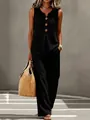 Elegant black summer two-piece set with a sleeveless V-neck button vest and pants. - S / Top And Bottom / Black