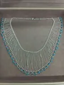 Elegant French style silver fringe necklace with light blue crystal bead accents for women - Silver-Blue