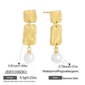 Pendientes colgantes vintage de acero inoxidable con perla blanca - Estilo Rectángulo Martillado Con Perla (JDE0106061)