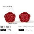 Detailed view of red rose enamel earrings with dimensions and stainless steel specs - 20x18mm / Dark Red (NB-E2080)