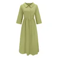 Full length view of a lime green casual cotton linen loose fit dress for women. - S / Dresses / Green