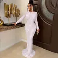 Exquisite detail of white long sleeve evening gown with radiating rhinestone pattern - S / Dresses / White
