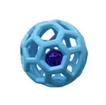 Detail of a blue hollow TPR dog toy ball with an internal purple bell for teething. - About 9cm / Blue