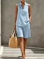 Stylish light blue solid color sleeveless linen-like casual two-piece shorts set for women - Light Blue