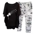 Women's casual two-piece set with dandelion print t-shirt and camouflage pants - 3XL / Top And Bottom / Black (Element 46)