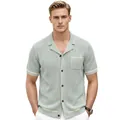Men's mint green hollow-out knit polo shirt with Cuban collar and button-up front design - M / Tops / Gray