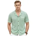 Professional studio shot of a men's summer hollow-out knit polo shirt with Cuban collar - M / Tops / Green